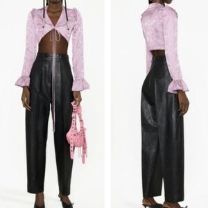 NWT KIM SHUI LILAC JACQUARD TIE FRONT CROPPED BLOUSE TOP